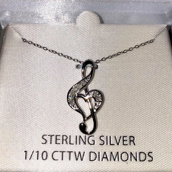 Heart Treble Clef Charm Necklace Sterling Silver 1/10 CTTW Diamonds Music Note - Picture 2 of 2